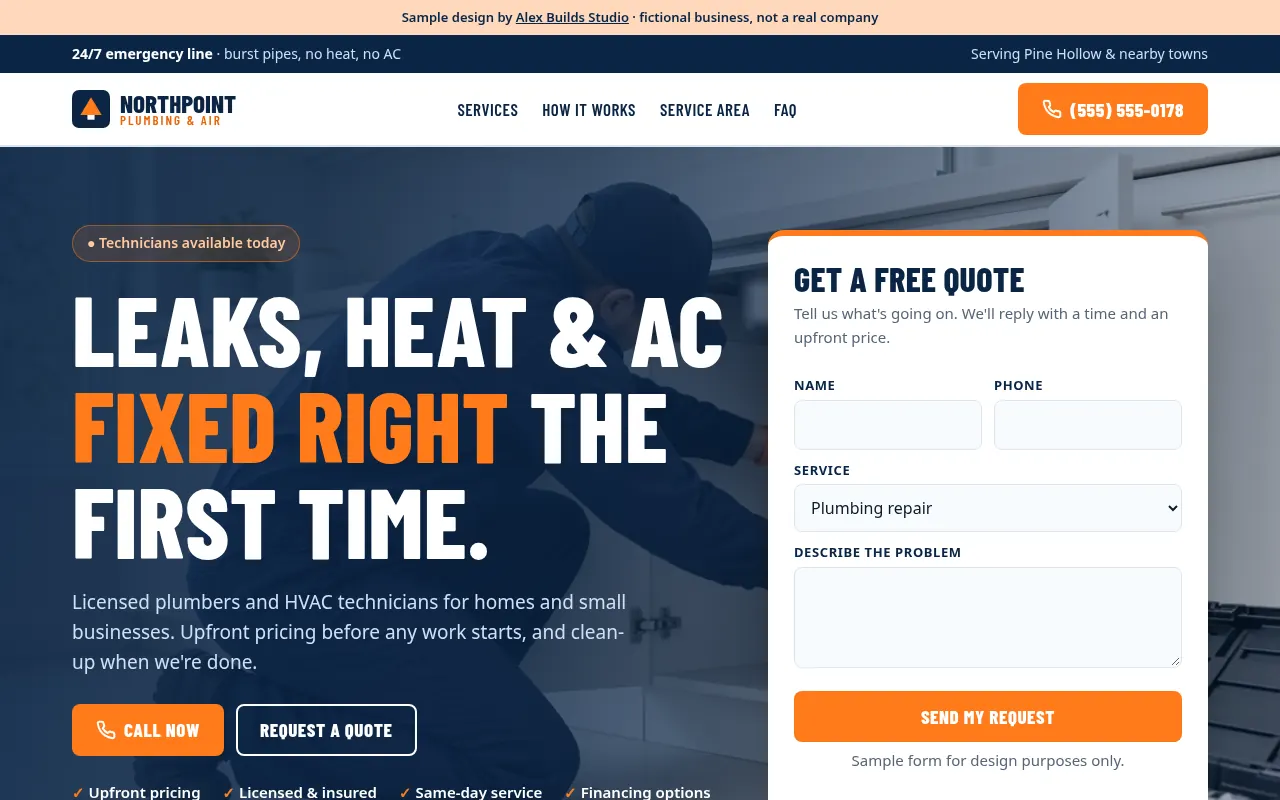 Sample website design for a fictional plumbing and HVAC company, desktop view