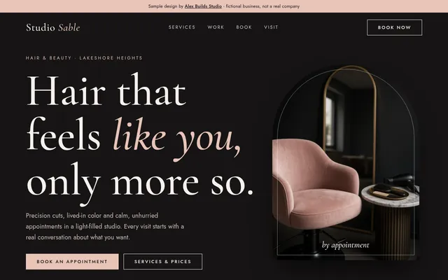 Studio Sable Hair & Beauty website, desktop view