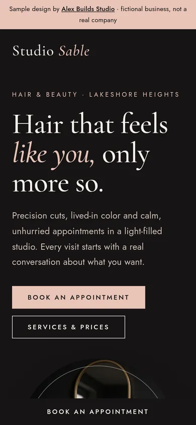 Studio Sable Hair & Beauty website, mobile view
